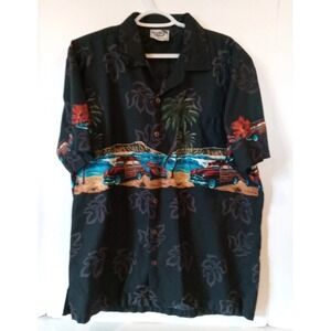 Vntg Paradise Style Hawaii Shirt Mens  L Black Floral Aloha Hawaiian Panel Wagon